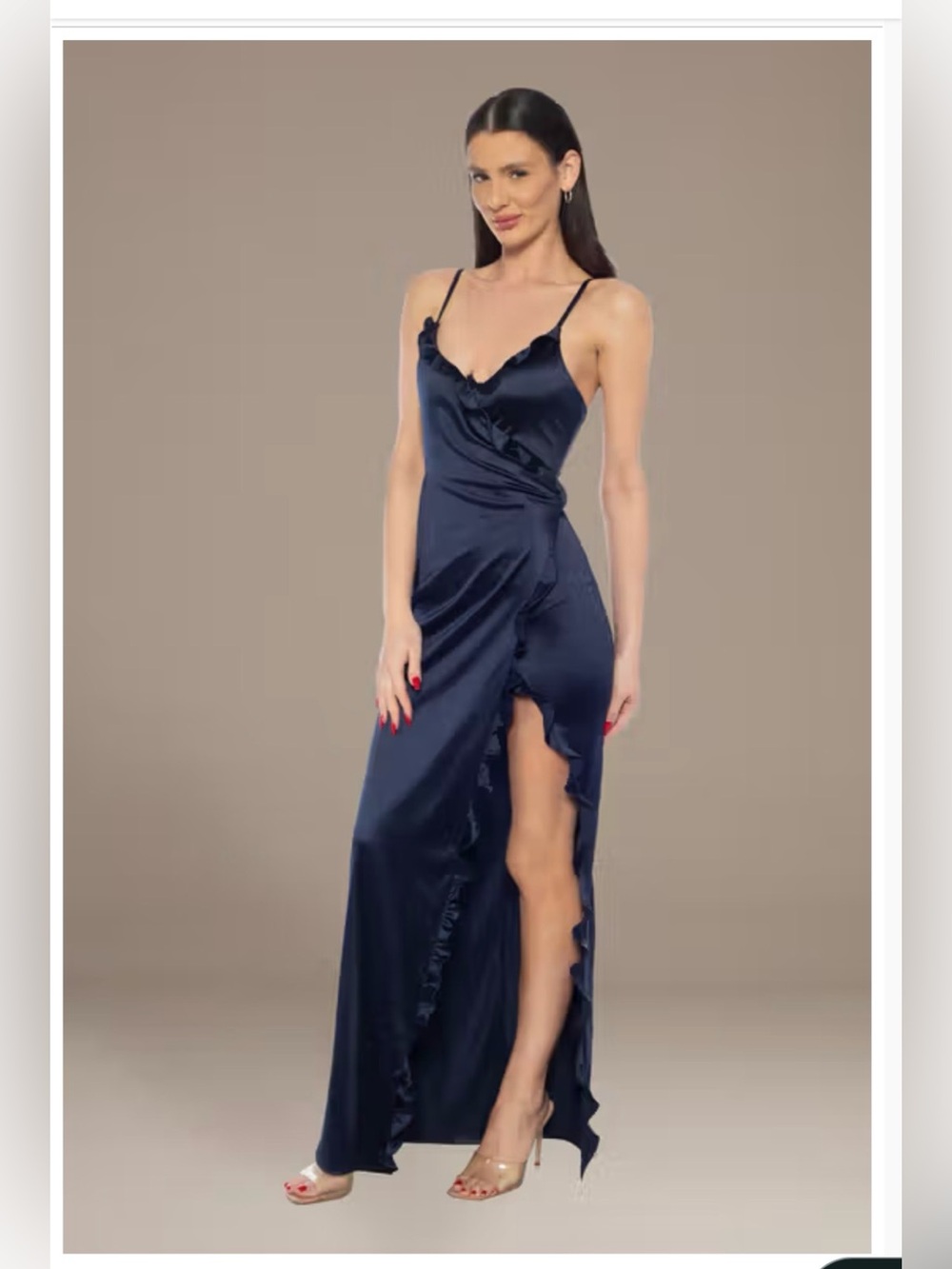 17/18 V-Neck Knit Ruffle Sheath Dress with Slit navy dress gown Jump Apparel